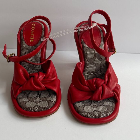 New w/o box COACH Quincey Signature Logo Ankle Strap Sandals Red Leather Sz 7.5 - Picture 1 of 8